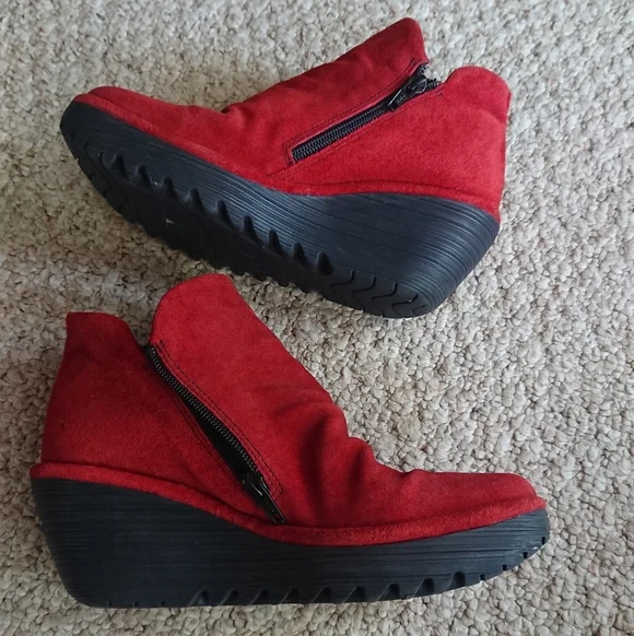 Fly London Shoes Yip Red Suede Wedge Heel Ankle Boots Size EU 37 US 6.5